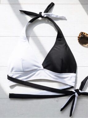 Two-Tone Black & White Halter Wrap Bikini Top
